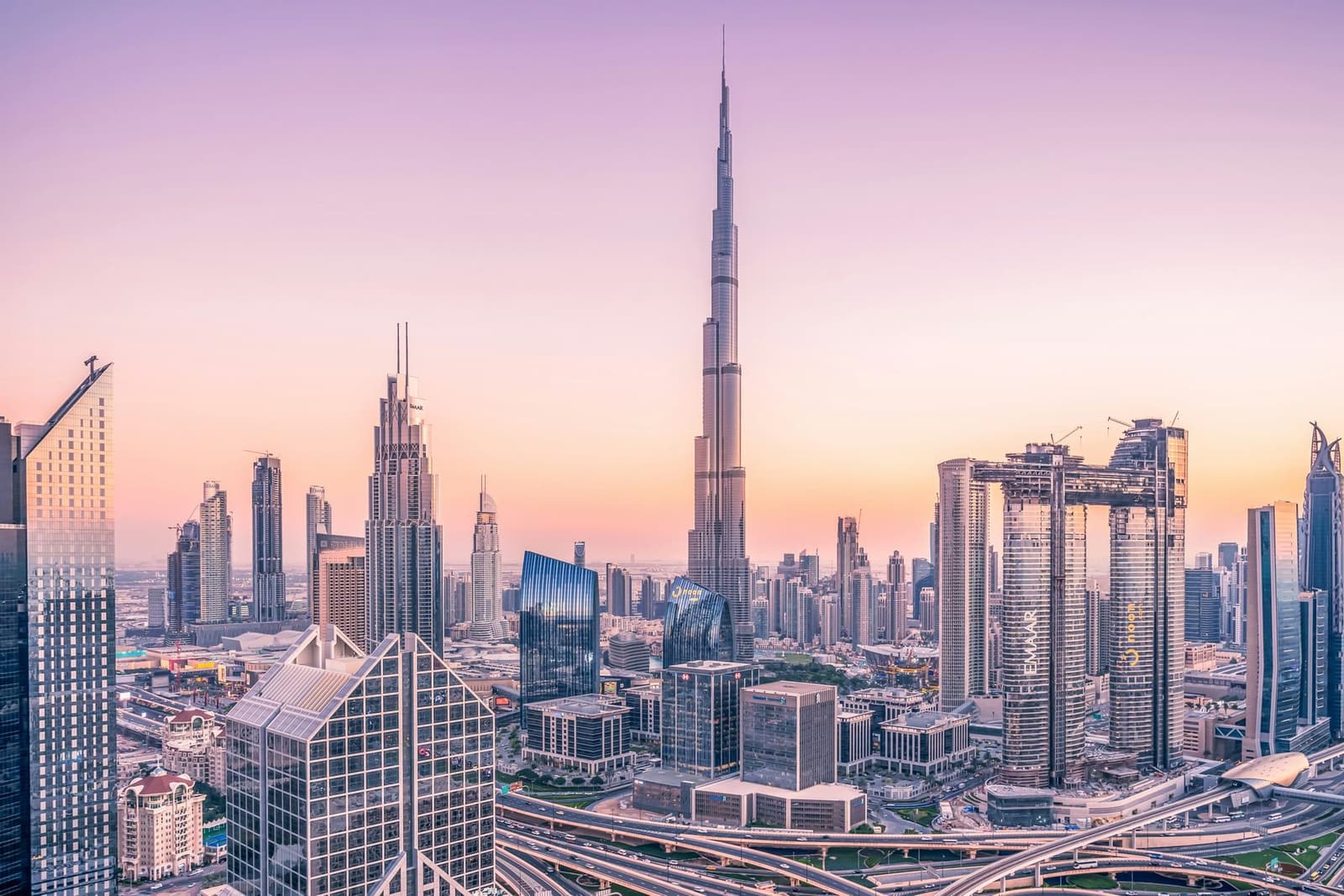 Dubai skyline with Burj Khalifa at sunrise